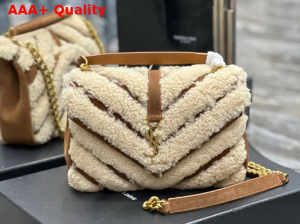 Saint Laurent College Medium Chain Bag in Suede and Shearling Natural Beige and Dark Cigar Replica