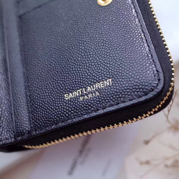 Saint Laurent Compact Zip Around Wallet in Black Grain De Poudre Textured Matelasse Leather For Sale