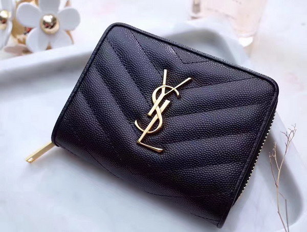 Saint Laurent Compact Zip Around Wallet in Black Grain De Poudre Textured Matelasse Leather For Sale