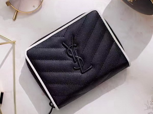 Saint Laurent Compact Zip Around Wallet in Black and Dove White Grain De Poudre Textured Matelasse Leather For Sale