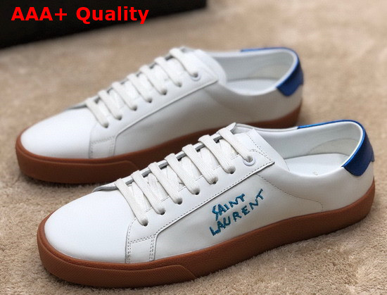 Saint Laurent Court Classic Sl 06 Embroidered Sneakers in Smooth Leather Optic White and Blue Replica