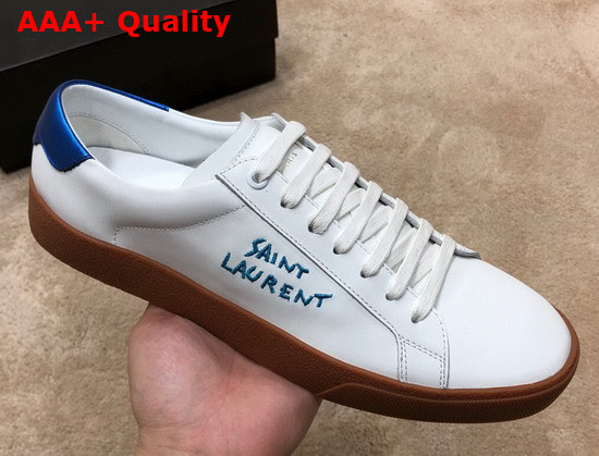 Saint Laurent Court Classic Sl 06 Embroidered Sneakers in Smooth Leather Optic White and Blue Replica