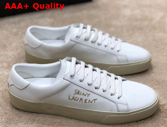 Saint Laurent Court Classic Sl 06 Embroidered Sneakers in Smooth Leather Optic White and Gold Replica