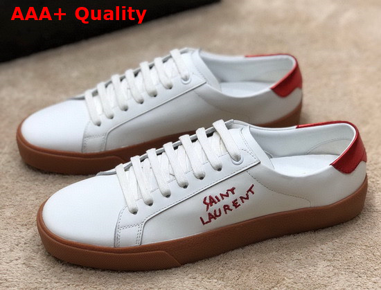 Saint Laurent Court Classic Sl 06 Embroidered Sneakers in Smooth Leather Optic White and Red Replica