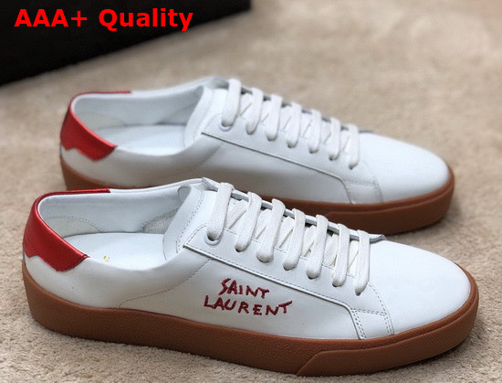 Saint Laurent Court Classic Sl 06 Embroidered Sneakers in Smooth Leather Optic White and Red Replica