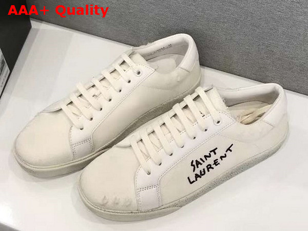 Saint Laurent Court Classic sl06 Sneakers Embroidered with Saint Laurent in White Worn Look Fabric and Leather Replica