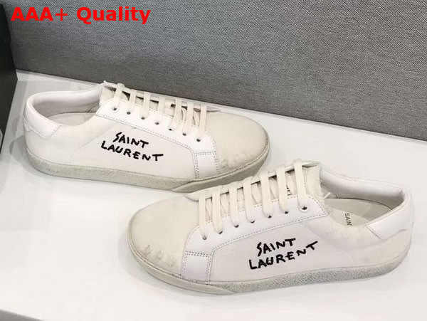 Saint Laurent Court Classic sl06 Sneakers Embroidered with Saint Laurent in White Worn Look Fabric and Leather Replica