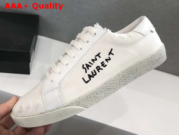 Saint Laurent Court Classic sl06 Sneakers Embroidered with Saint Laurent in White Worn Look Fabric and Leather Replica