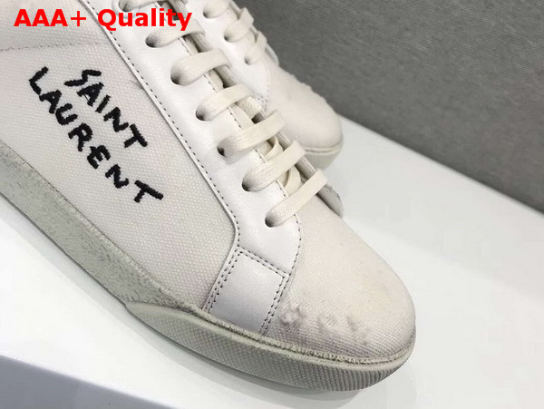 Saint Laurent Court Classic sl06 Sneakers Embroidered with Saint Laurent in White Worn Look Fabric and Leather Replica