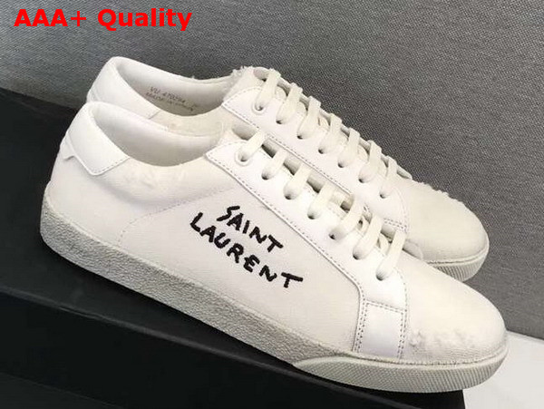 Saint Laurent Court Classic sl06 Sneakers Embroidered with Saint Laurent in White Worn Look Fabric and Leather Replica