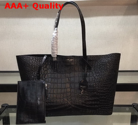 Saint Laurent EW Shopping Bag in Black Embossed Crocodile Leather Replica