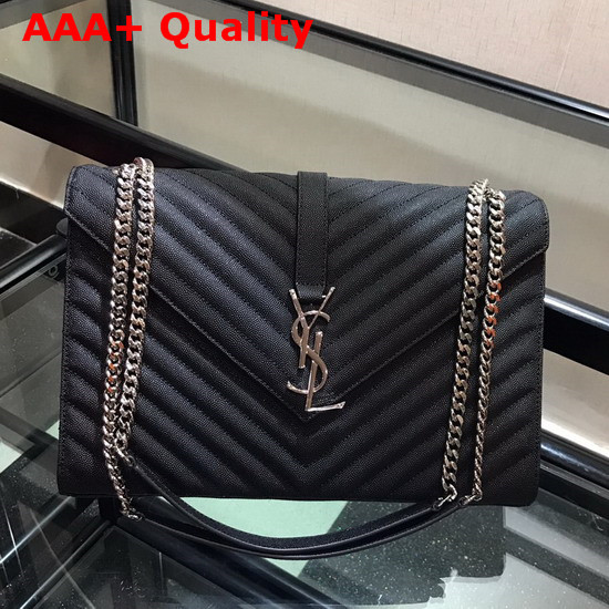 Saint Laurent Envelope Large Bag in Black Grain De Poudre Embossed Leather with Silver Toned Metal YSL Signature and Matelasse Stitching Replica