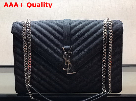 Saint Laurent Envelope Large Bag in Black Grain De Poudre Embossed Leather with Silver Toned Metal YSL Signature and Matelasse Stitching Replica