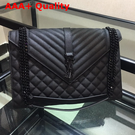 Saint Laurent Envelope Large in Black with Black Metal YSL Horizontal and Vertical Quilted Overstitching Replica