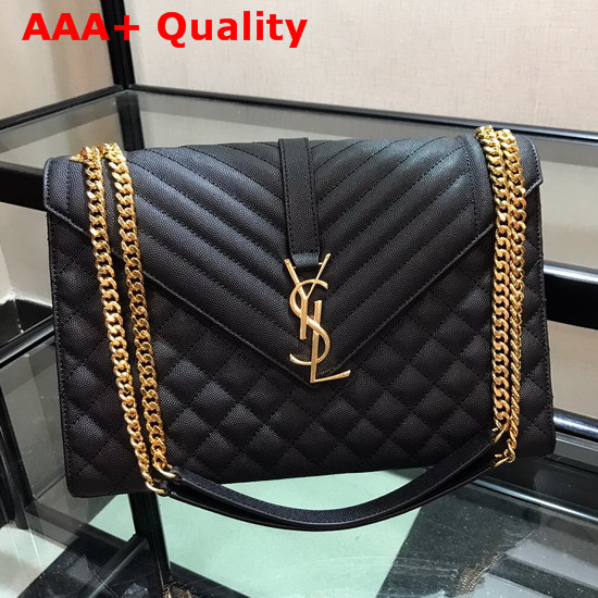 Saint Laurent Envelope Large in Black with Gold Metal YSL Horizontal and Vertical Quilted Overstitching Replica