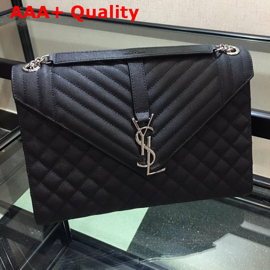 Saint Laurent Envelope Large in Black with Silver Metal YSL Horizontal and Vertical Quilted Overstitching Replica