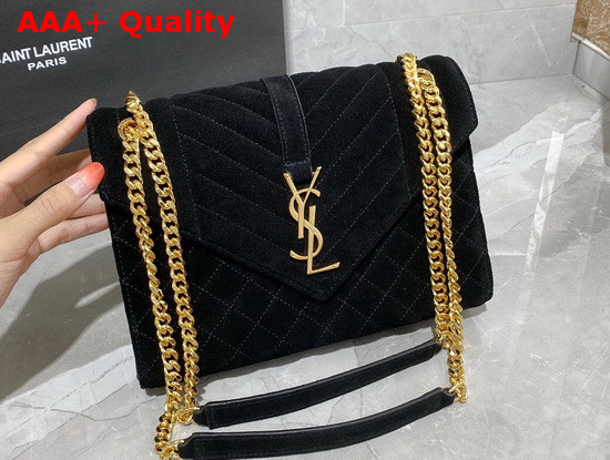 Saint Laurent Envelope Medium Bag in Black Mix Matelasse Suede Leather Replica