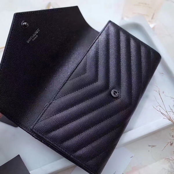 Saint Laurent Flap Wallet in Black Grain De Poudre Textured Matelasse Leather For Sale