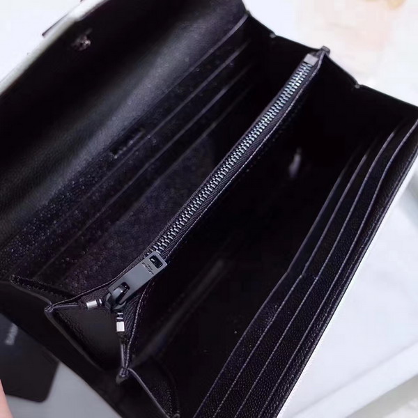 Saint Laurent Flap Wallet in Black and Dove White Grain De Poudre Textured Matelasse Leather For Sale