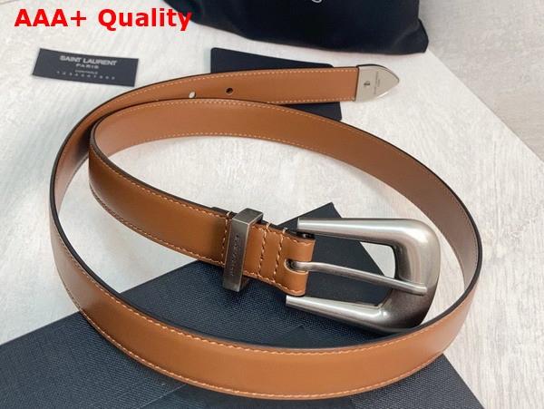 Saint Laurent Folk Buckle Belt in Brown Smooth Leather Replica