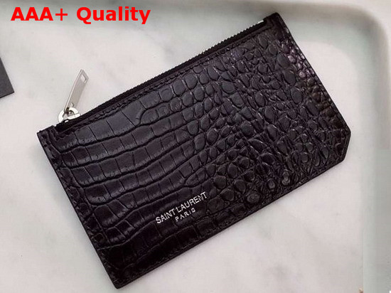 Saint Laurent Fragment Zipped Card Case in Black Crocodile Embossed Leather Replica