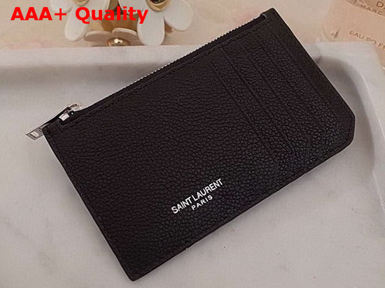 Saint Laurent Fragment Zipped Card Case in Black Grained Leather Replica