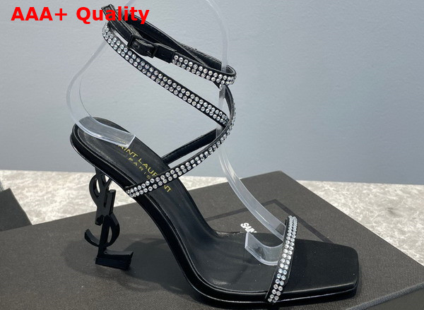 Saint Laurent Georgia Sandals in Crepe Satin with Rhinestones Black and Crystal Replica