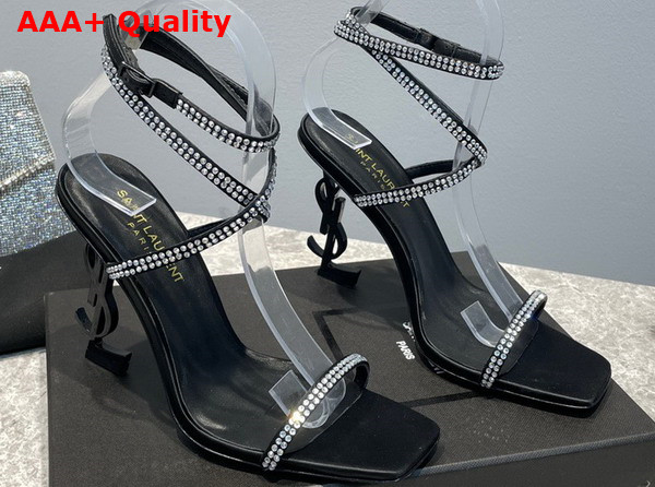 Saint Laurent Georgia Sandals in Crepe Satin with Rhinestones Black and Crystal Replica