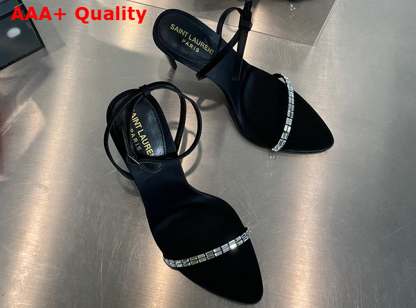 Saint Laurent Gloria Sandals in Crepe Satin with Rhinestones Black and Crystal Replica