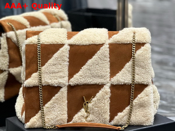 Saint Laurent Jamie Giant Chain Bag Carre Rive Gauche in Suede and Shearling Patchwork Natural Beige and Dark Cigar Replica