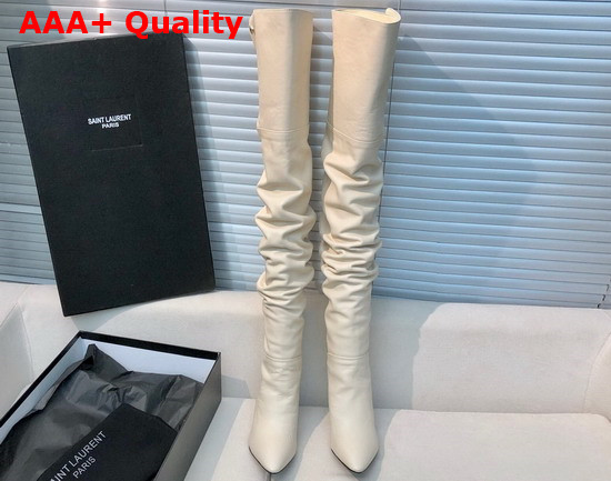 Saint Laurent Jane Over the Knee Boots in Shiny Grained Leather White Replica