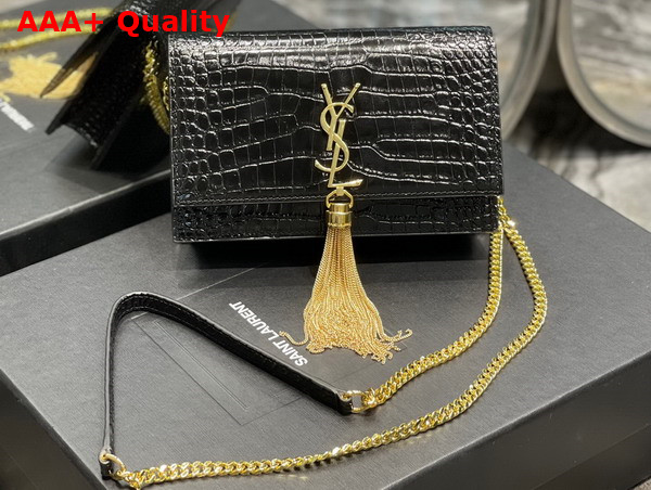 Saint Laurent Kate Chain Wallet with Tassel in Black Crocodile Embossed Shiny Leather Replica