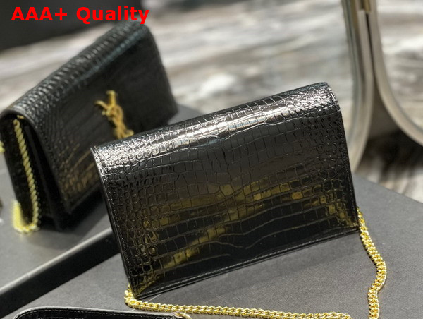 Saint Laurent Kate Chain Wallet with Tassel in Black Crocodile Embossed Shiny Leather Replica