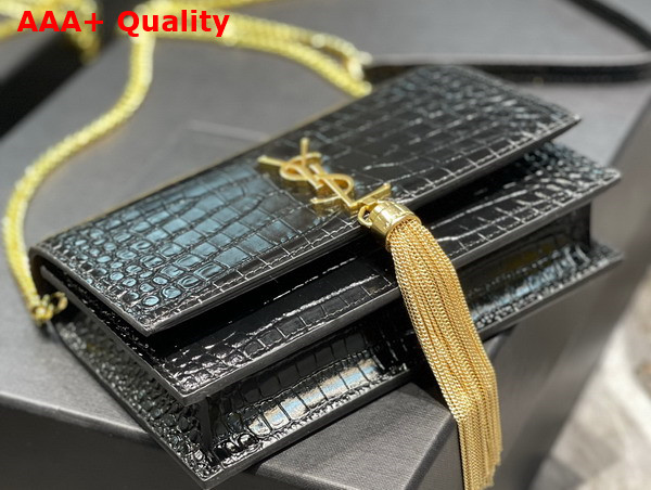 Saint Laurent Kate Chain Wallet with Tassel in Black Crocodile Embossed Shiny Leather Replica