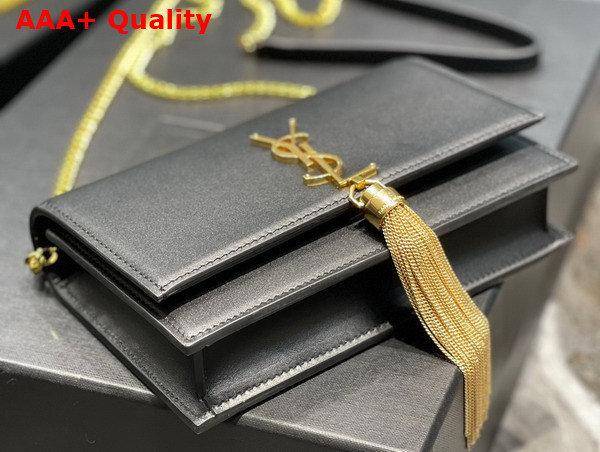 Saint Laurent Kate Chain Wallet with Tassel in Black Smooth Leather Gold Toned Metal Replica