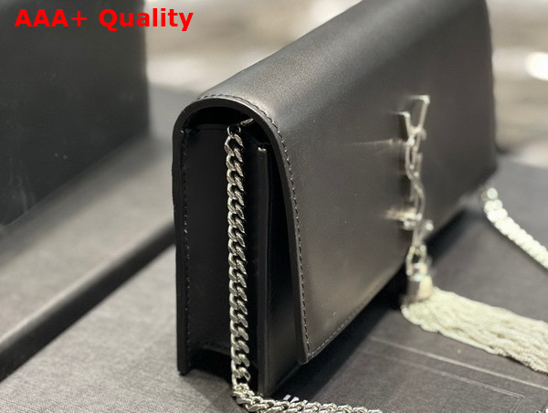 Saint Laurent Kate Chain Wallet with Tassel in Black Smooth Leather Silver Toned Metal Replica