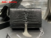 Saint Laurent Kate Chain Wallet with Tassel in Crocodile Embossed Shiny Leather Black Replica