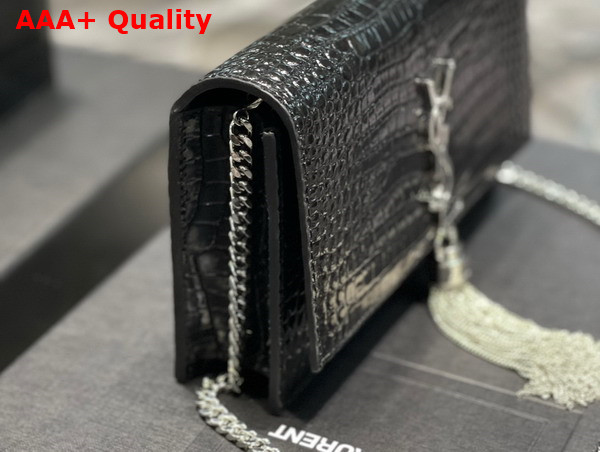 Saint Laurent Kate Chain Wallet with Tassel in Crocodile Embossed Shiny Leather Black Replica