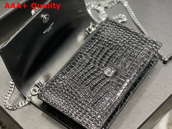 Saint Laurent Kate Chain Wallet with Tassel in Crocodile Embossed Shiny Leather Black Replica