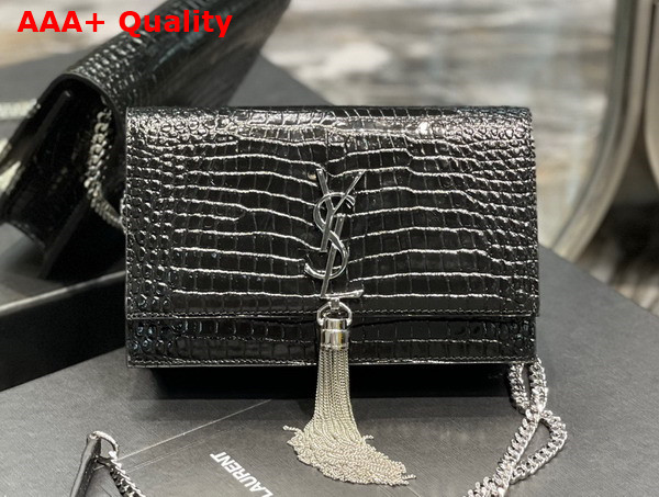 Saint Laurent Kate Chain Wallet with Tassel in Crocodile Embossed Shiny Leather Black Replica