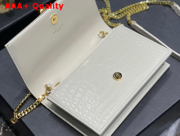 Saint Laurent Kate Chain Wallet with Tassel in Crocodile Embossed Shiny Leather Blanc Vintage Replica