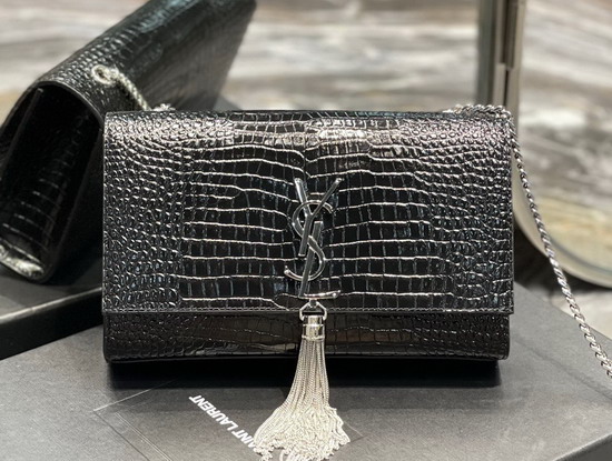 Saint Laurent Kate Medium with Tassel in Crocodile Embossed Shiny Leather Black Replica