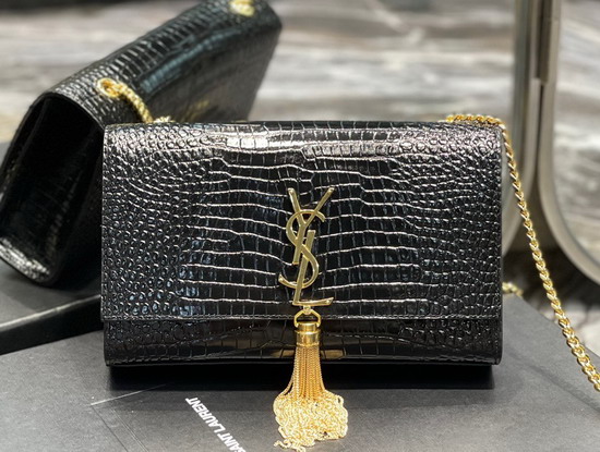 Saint Laurent Kate Medium with Tassel in Crocodile Embossed Shiny Leather Black Replica