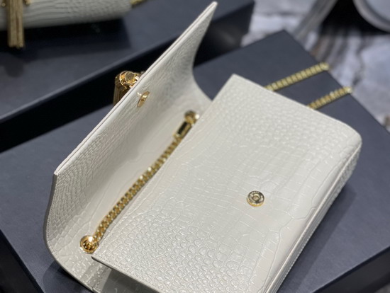 Saint Laurent Kate Medium with Tassel in Crocodile Embossed Shiny Leather Blanc Vintage Replica