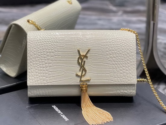 Saint Laurent Kate Medium with Tassel in Crocodile Embossed Shiny Leather Blanc Vintage Replica