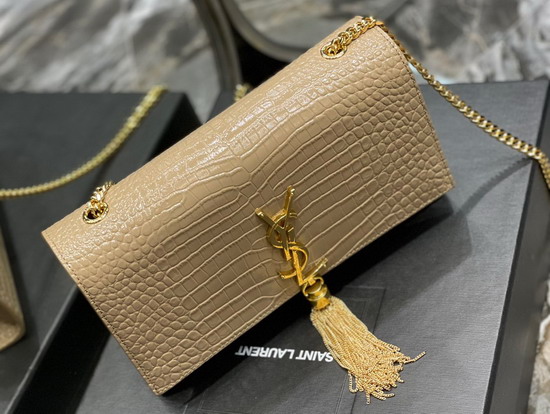 Saint Laurent Kate Medium with Tassel in Crocodile Embossed Shiny Leather Dark Beige Replica