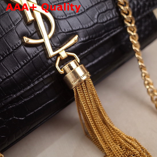 Saint Laurent Kate Small with Tassel in Black Embossed Crocodile Shiny Leather Gold Hardware Replica