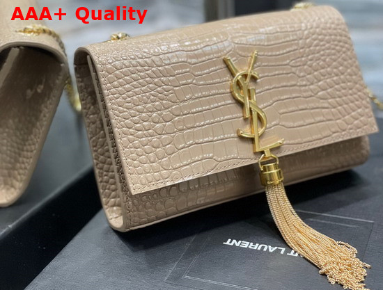 Saint Laurent Kate Small with Tassel in Crocodile Embossed Shiny Leather Dark Beige Replica