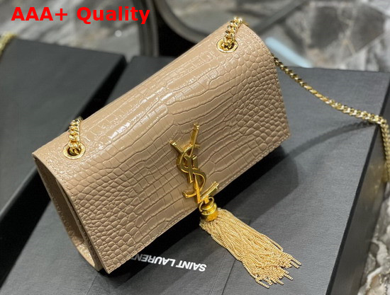 Saint Laurent Kate Small with Tassel in Crocodile Embossed Shiny Leather Dark Beige Replica