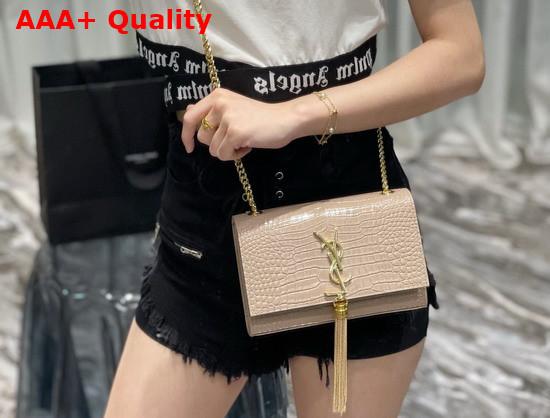 Saint Laurent Kate Small with Tassel in Crocodile Embossed Shiny Leather Dark Beige Replica